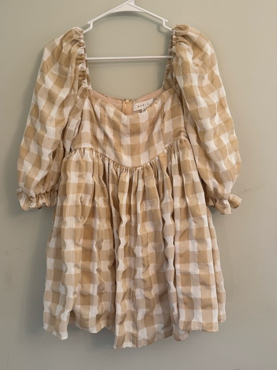 Mabel Dresses & Skirts - MABLE Beige & White Gingham Puff-Sleeve Mini Dress